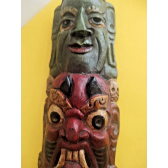 Vintage Nepalese Mahakala Wood Carving 19" x 5" Tibetan Totem Pole - Picture 3 of 14